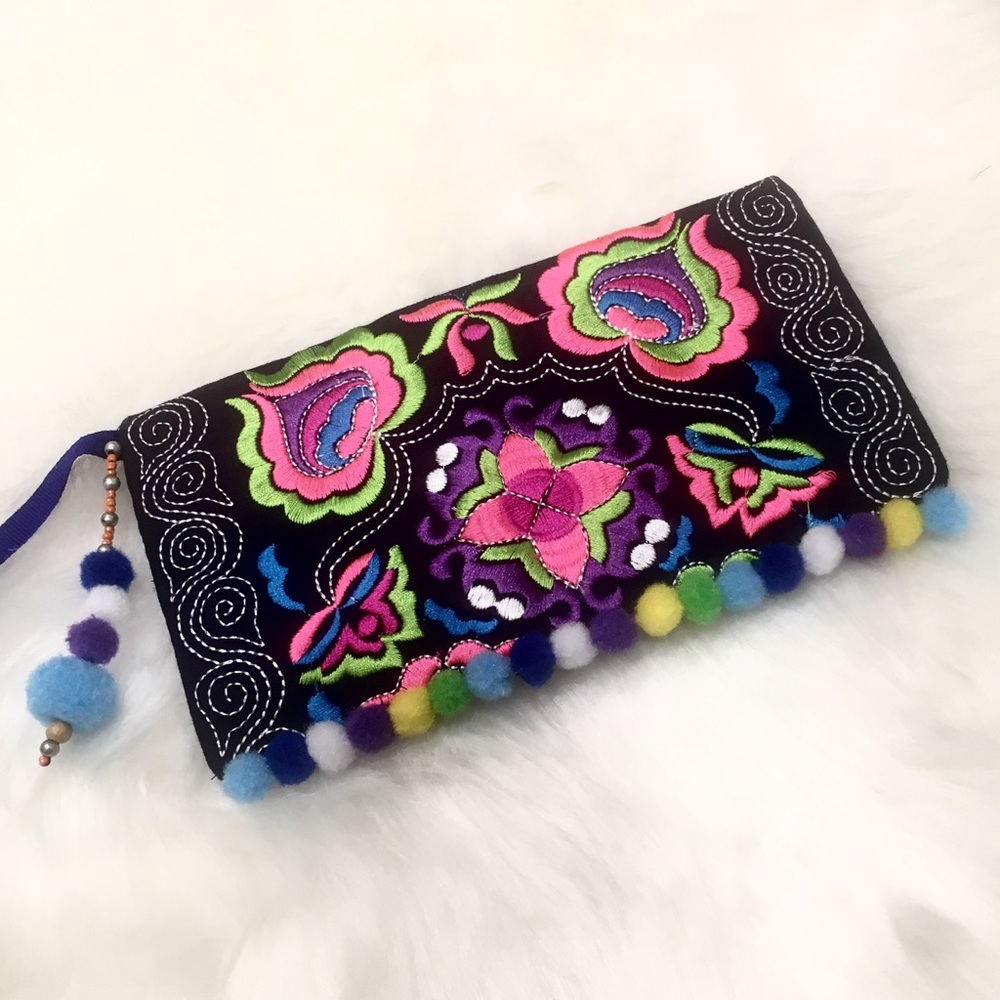 Boho Embroidery Pom Pom Wristlet